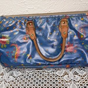 Floral Blue Mini Bag with Brown Handles